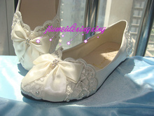 women Handmade lace flower rhinestone pearl bow bridal shoes bridesmaid shoes flat heel white wedding shoes