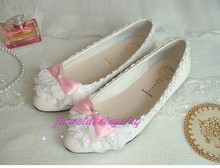 women Handmade lace flower rhinestone pearl bow bridal shoes bridesmaid shoes flat heel white wedding shoes