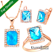Jewelry Sets 925 Full CZ Zircon Bijoux Fashion Blue Square Crystal Gold Plated Wedding Party Gifts Marriage Women Jewelry