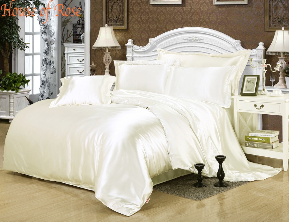 Luxury Milk White Silk Satin Bed Sheet Set Duvet Cover Hotel Bed Linen ...