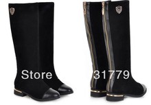 free shipping boots winter woman Back zipper nubuck leather high leg low heeled boots round toe