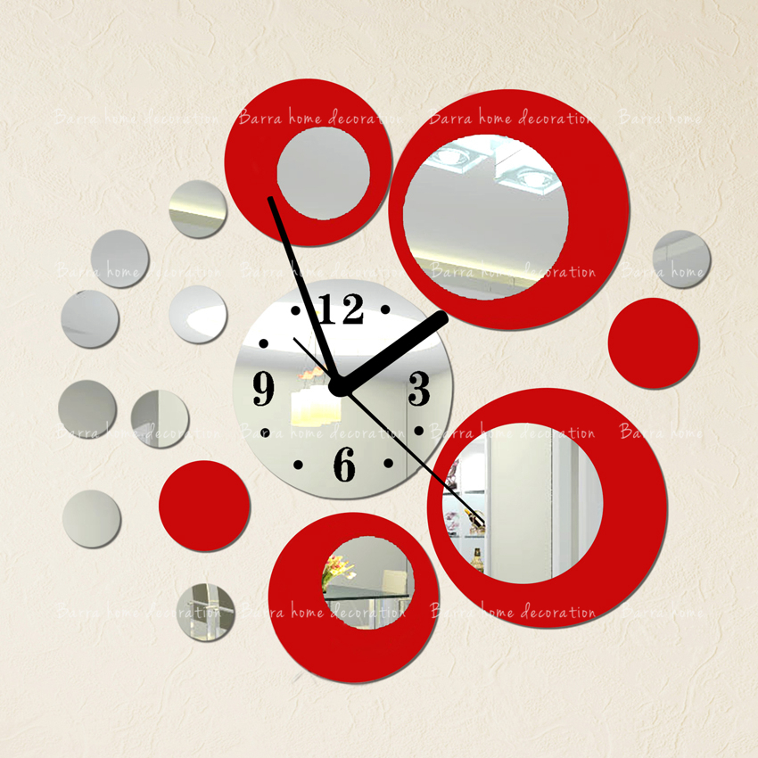 Red and silver circle 3D crystal clock, modern design luxury fashion mirror wall clock, 19 circular composite DIY wall stickers