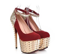 2014 women&#39;s ankle strap glitter high heel rivet suede pumps platform party sparkle heels shoes paillette ladies high heels