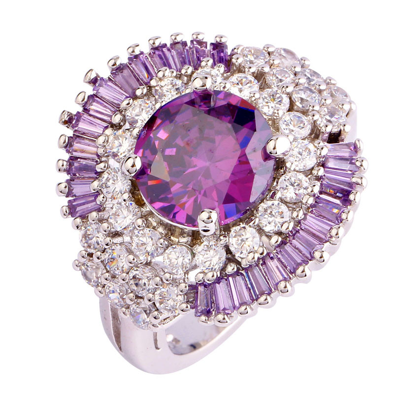 Wholesale New Jewelry Dazzling Round Cut Purple Amethyst White Topaz 925 Silver Ring Size 9 Love
