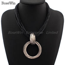 Cluster Vintage Cross Alloy Circle Pendant Lots of Black Leather Chain Necklaces Accessories Fashion Jewelry For
