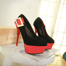 Women s high stiletto heel shoes platform pumps evening party flock leather shoes Real Wholesale Quality