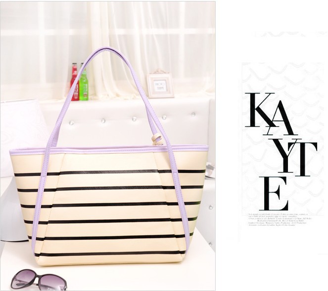 2013 Hot Fashion Women s Stripe Shoulder Bag Ladies Tote Bag PU leather Big capacity
