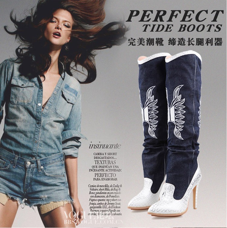 2014 European Fall and winter style 100 photos jeans embroidery flowers real leather high heeled pointed