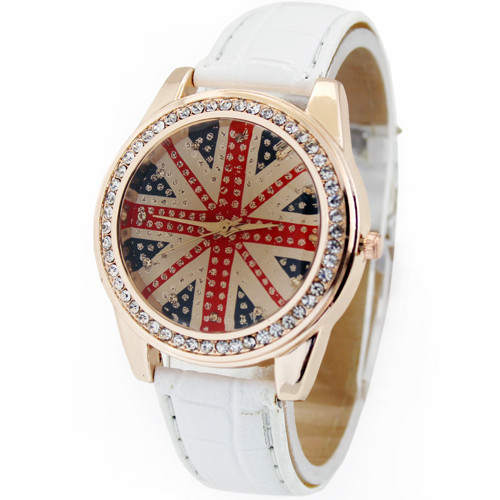 Free Drop Shipping White Fashion Deluxe UK Flag Diamond Jewelry Woman Lady Girls Analog Dress Gift