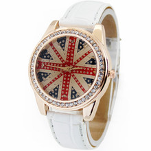 Free & Drop Shipping, White Fashion Deluxe UK Flag Diamond Jewelry Woman Lady Girls Analog Dress Gift Quartz Wrist Watches