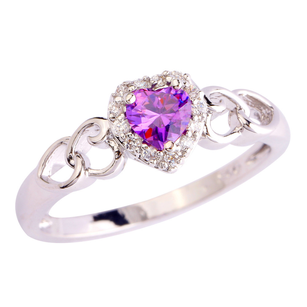 Wholesale Beauty Women Top Jewelry Rings Engagement Heart Cut Amethyst White Sapphire 925 Silver Ring Size