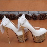 New arrival 2014 white bridal shoes rhinestone bowtie platform high heels patent leather pump women wedding shoes free shipping