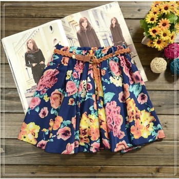 2014 новый юбка женская горячая распродажа, 26 цветов плиссированные цветочные шифон женская симпатичные ремень включают