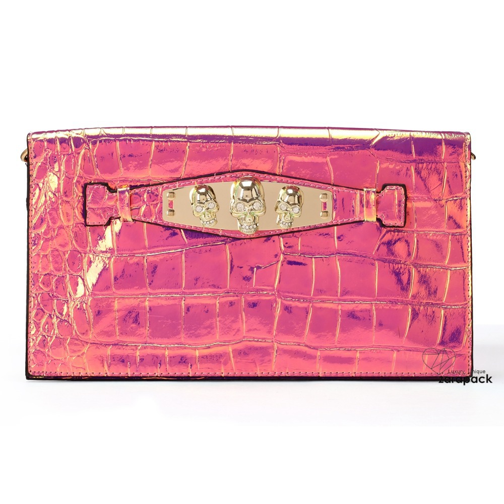 Women s Fashion Handbag Hologram Metallic Skull Clutch Handbag Purse Cross body Chain Shoulder Bag IT