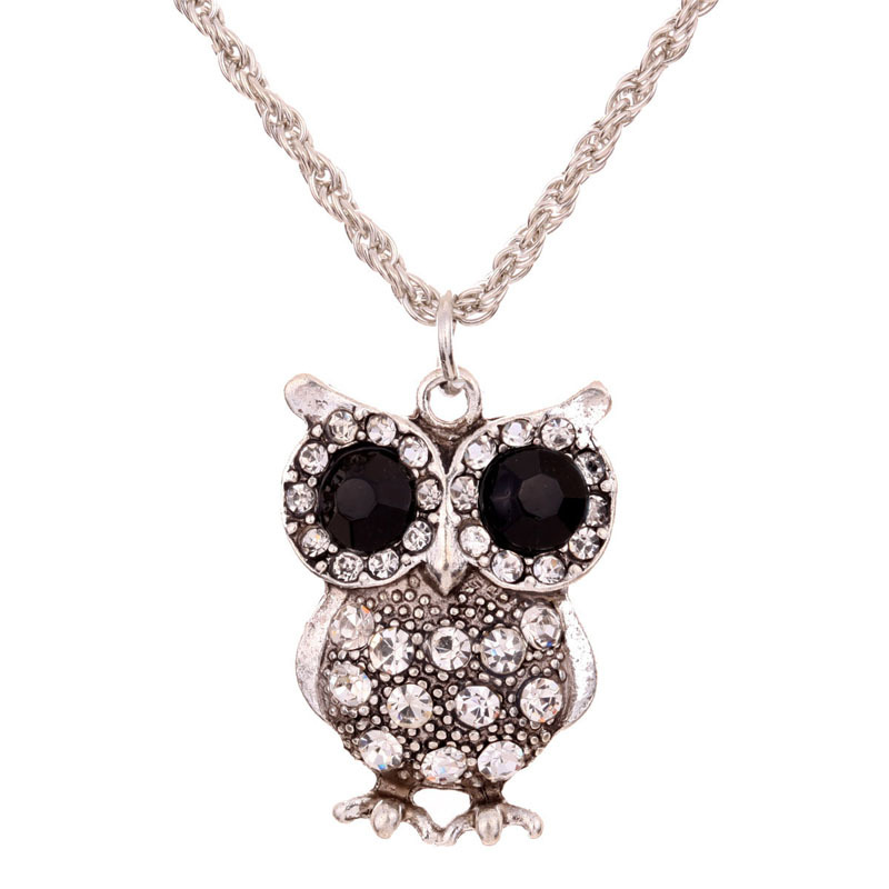Yazilind Jewelry New Vintage Black Eye Silver Carve Full Crystal Cute Owl Pendant Chain Necklace