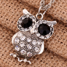 Yazilind Jewelry New Vintage Black Eye Silver Carve Full Crystal Cute Owl Pendant Chain Necklace