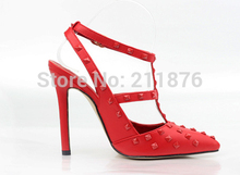 2014 Summer Rivet Studded Pointed Toe 11cm High Heels Women Pumps Strappy Slingback Sexy Sandals For