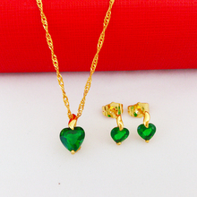 Beautiful Heart Love Zirzon Stone Pendant with Earrings Set Water Resistant 24K Gold Plated Stainless Steel
