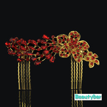 Chinese Vintage Red Rhinestone Insert Comb Flower wedding accessories Marriage Hair accessories 