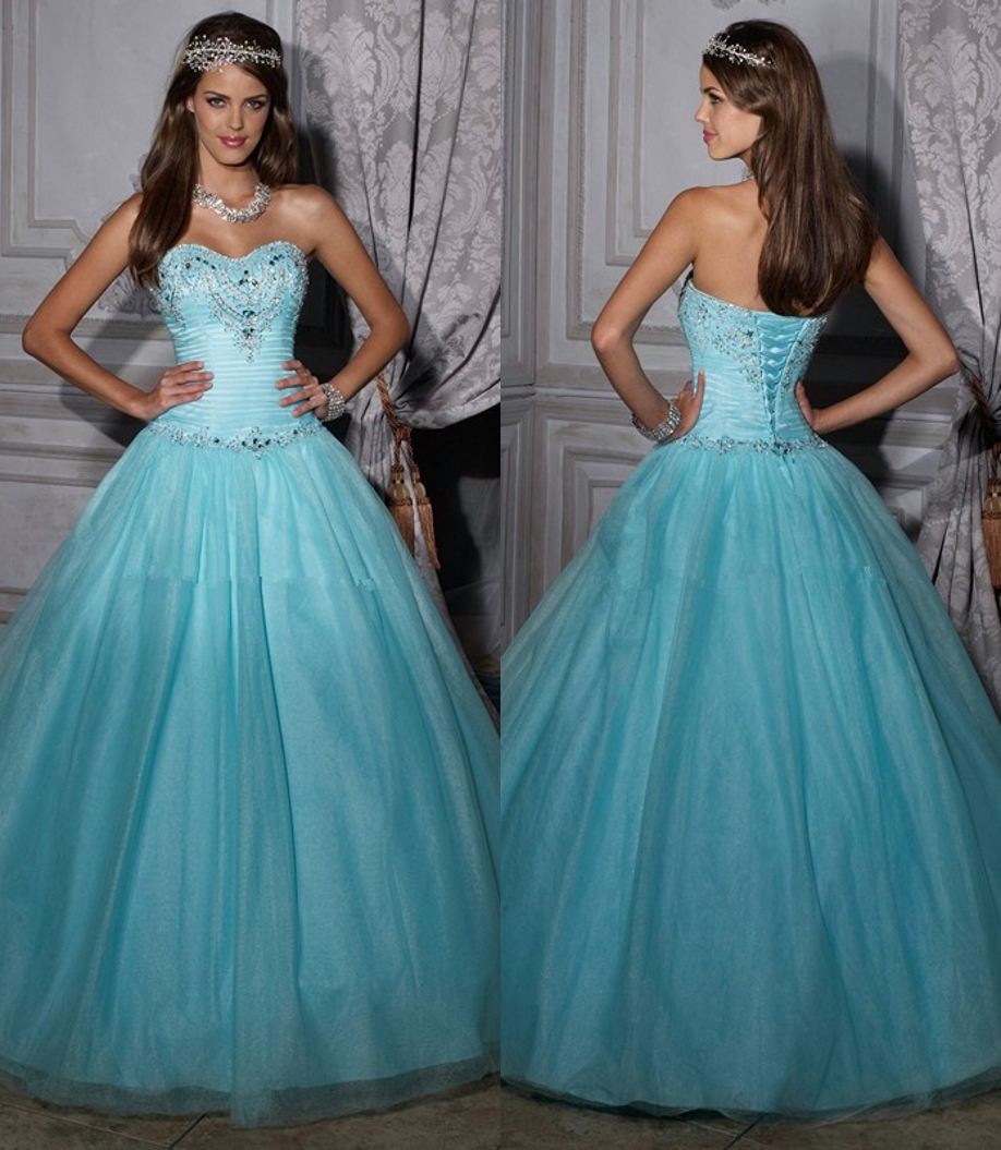 2014 Blue Crystal Sweetheart Sleeveless A Line Organza Floor Length Lace up Quinceanera Dresses Custom Dress