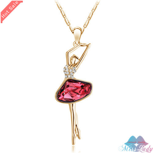 18K Gold Plated Rhinestone Crystal Cute Lovely Dancing girl Necklaces Pendants Jewelry for women Y4358