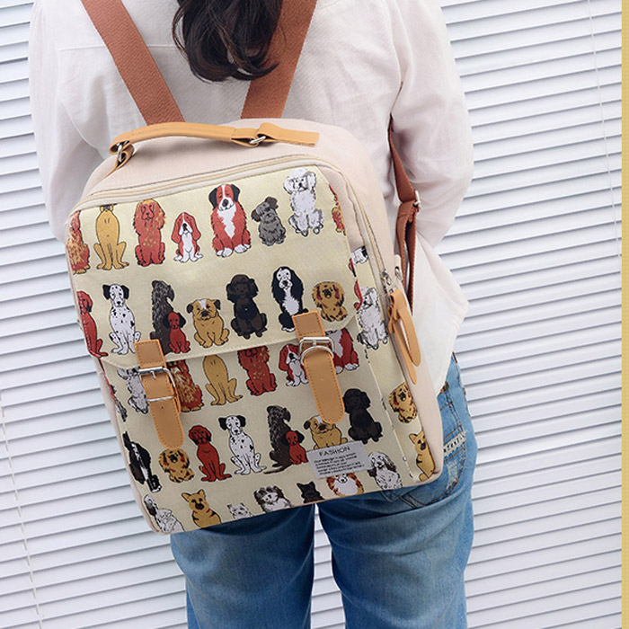 Women canvas cartoon dog printing backpack school casual laptop backpack cute backpack for boys girls mochila