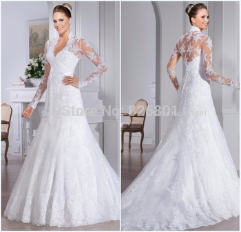 Свадебные платья Novia 2015 с длинным рукавом кружева свадебное платье бальное платье свадебные платья 2015 халат де Mariage Vestido де Casamento