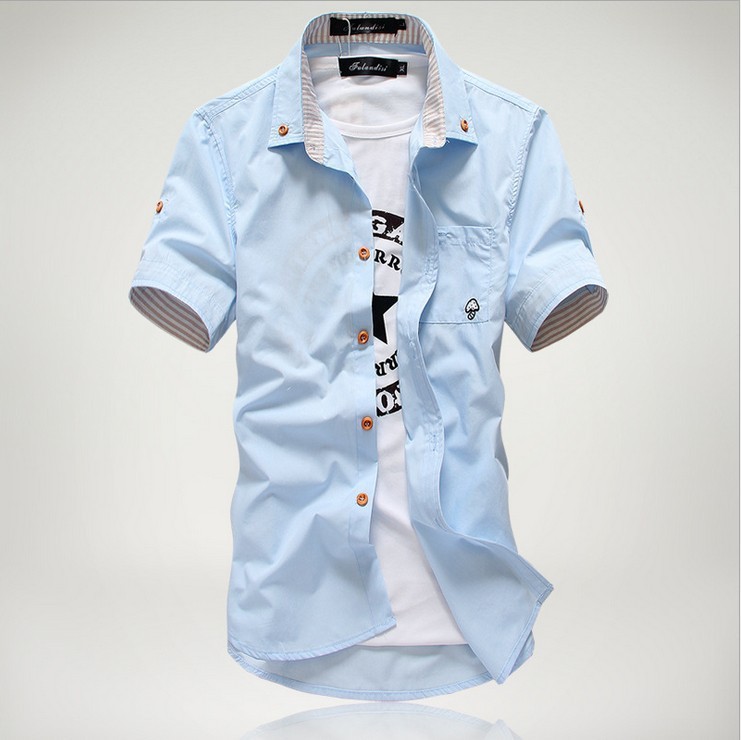 Сорочки для мужчин 2015 летний стиль мужская мода твердых коротким рукавом