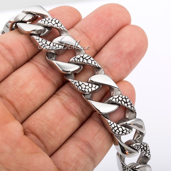 CUSTOMIZE SIZE 14mm 316L Stainless Steel Bracelet Animal Skin Flat CURB CUBAN Huge Heavy Mens Chain
