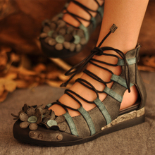 2014 handmade cow leather women strap sandals cut outs flower cowhide rome fashion flat shoes