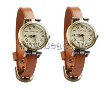Free shipping!!!Cowhide Watch Bracelet,jewelry lot, with zinc alloy dial, antique bronze color plated, orange, nickel