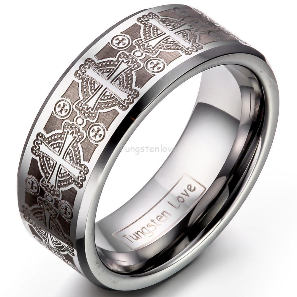 Vintage Gothic Laser Etched Cross Tungsten Engagement Rings For Men ...