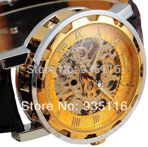 Men Mechanical Hand Wind Analog Stainless men Skeleton Mens Watch for 2014 Golden dial Fashion vintage