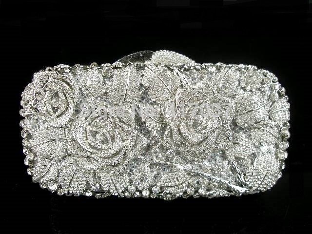 207 Crystal Rose Flower Floral silver Metal Wedding Bridal Party Night Evening purse clutch bag box