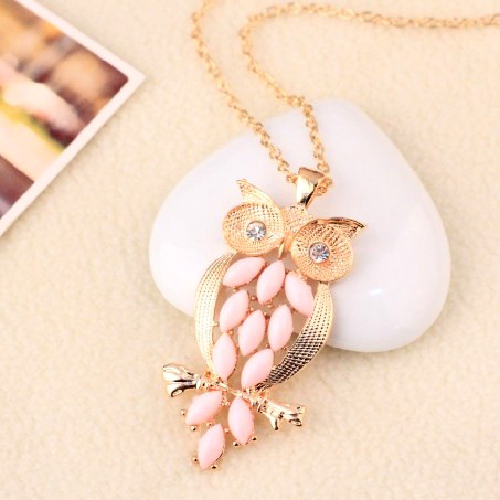 2014 New Vintage Pink Gem Gold Plated Lovely Owl Chain Necklace Fashion Jewelry for Women K43