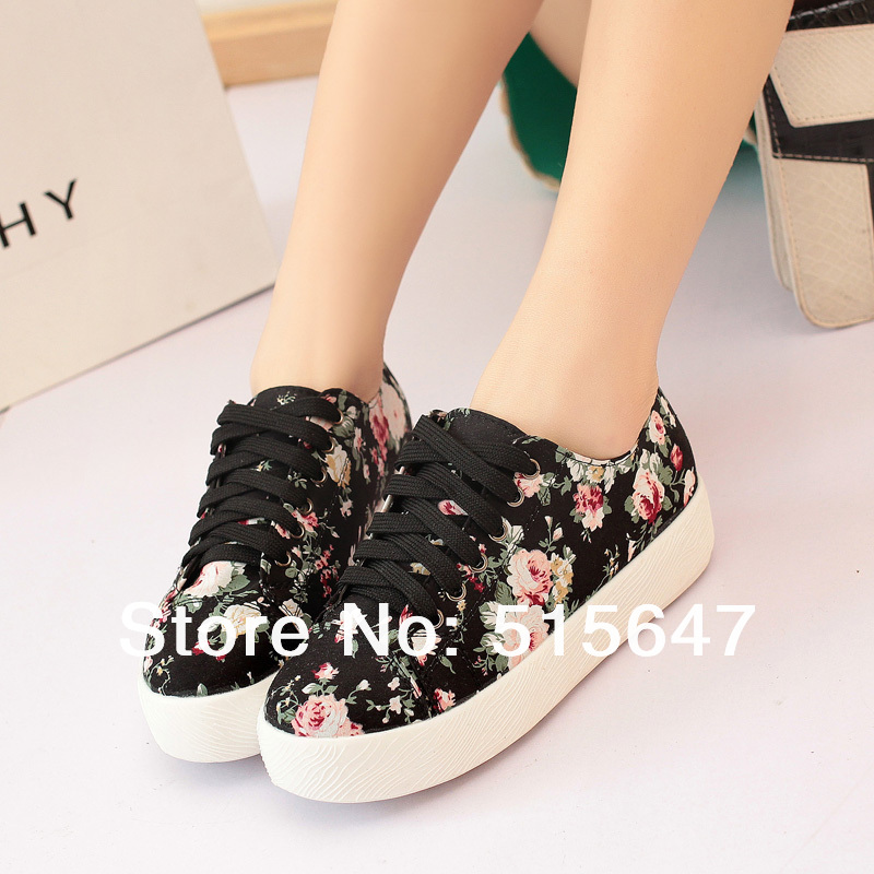 Women s Floral Canvas Sneakers Lace up Flats Oxfords Girl s School Shoes Spring ankle boots