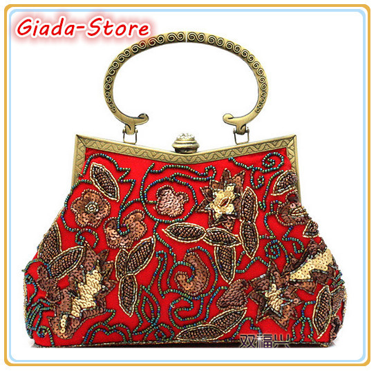 New Evening Bag Handmade Beaded Sequined Clutch Retro Flower Pattern Wedding Party Bridal Handbag Chain Shoulder