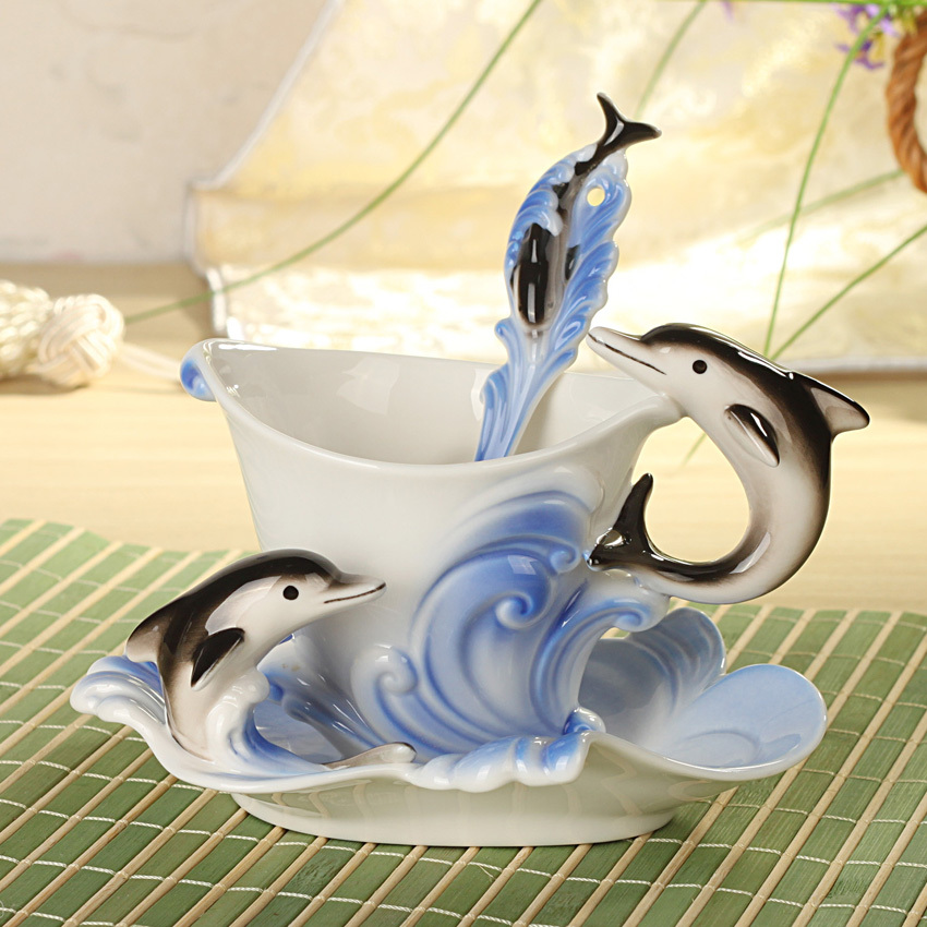 3Pcs Dolphin Franz Porcelain Coffee set Cup saucer and Spoon