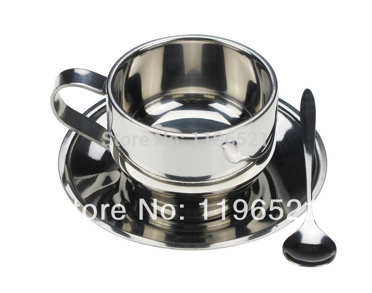 free shipping Fashion double layer stainless steel coffee cup mug with handle dish spoon 2 sets
