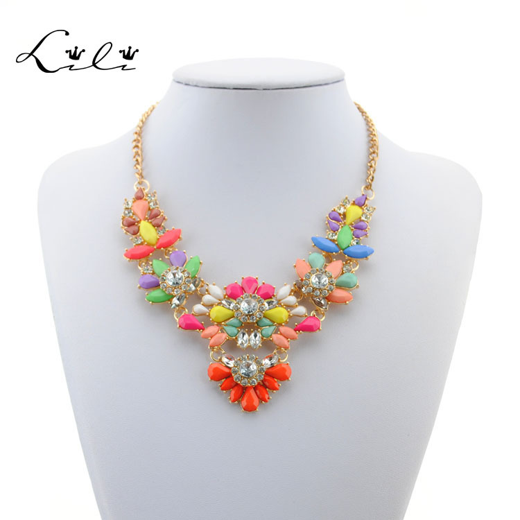 Fashion Brand Jewelry Necklace 2015 Shourouk Rainbow Colar Flower Stone Necklaces Pendants For Women Statement Choker