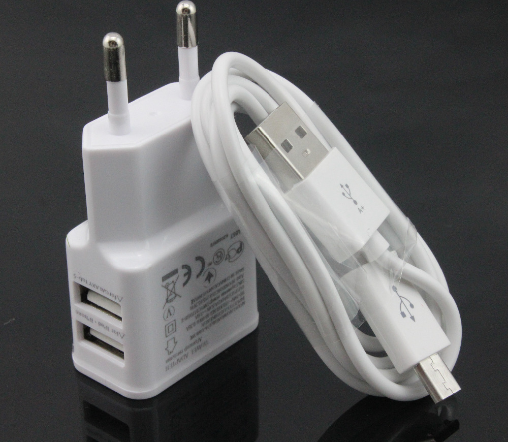 white 1set Dual 2A USB EU Plug Wall Charger micro USB cable for Samsung galaxy S4