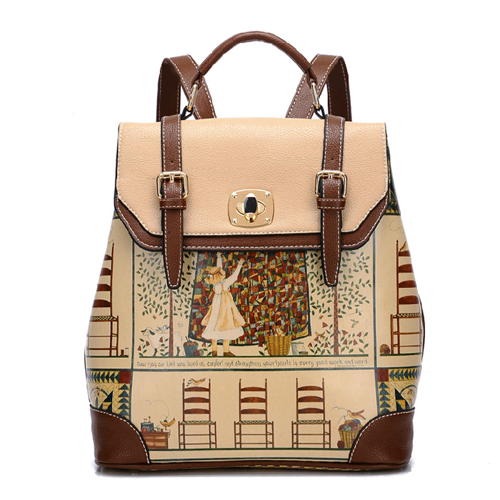 In 3Color 2015 New Leather Printing Student Women Backpacks Vintage Female School Travel Outdoor Fun Sports