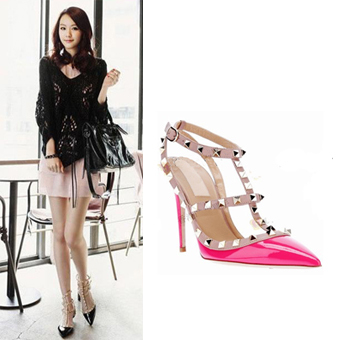 Free shipping 2014 summer spring pointed closed toe rivet T straped sandals women sandals slingbacks shoes