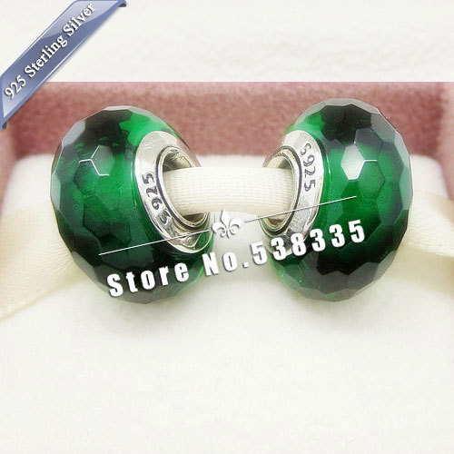 2pcs 925 Sterling Silver Fascinating Green Faceted Murano Glass Beads Charm Fit European pandora Bracelet Necklaces