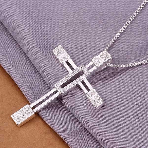 wholesale 2014 New Fashion 925 Sterling Silver Chain Inlaid Stone Empty Cross Necklaces Pendants For Women