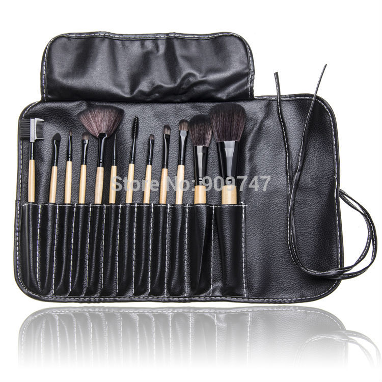 2014 Brand new 12 PCS Makeup Brush Set with Black Leather Case Make Up Brushes Free