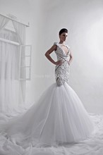 Fashion Wedding Dresses Mermaid Scoop Cap Sleeve backless Buttons Chapel Train Tulle Bridal Gowns