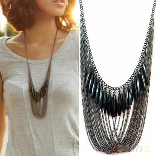 Black Tassels Multi Layers Draped Luxury Pendant Fashion Necklace Pendants Chain for Women 01W3