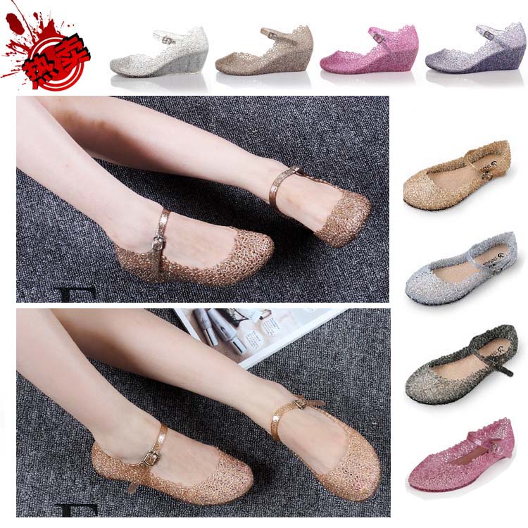 2014 New Arrival Womens Crystal Jelly Sandals Female flat heel sandals shoes bird s nest shoes