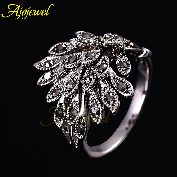 2014 brand jewelry 18k white gold plated cute vintage retro rhinestone phoenix black rings for women